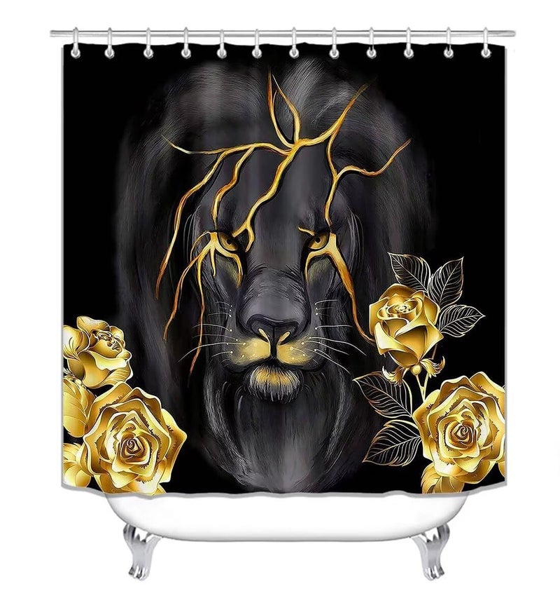 jieprom 4 PCS Gold Rose and Lion Bathroom Set with Shower Curtain Set with Rugs  Gold Bathroom assessories  Black Lion Shower Curtain - Image 2